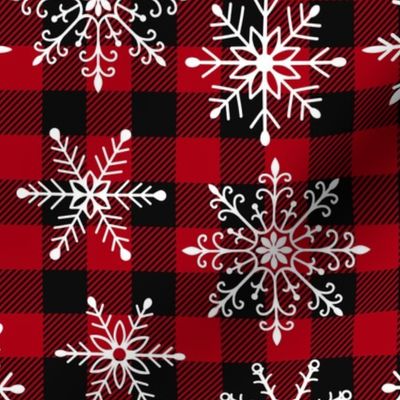 Buffalo plaid snowflakes winter christmas fabric black red WB22