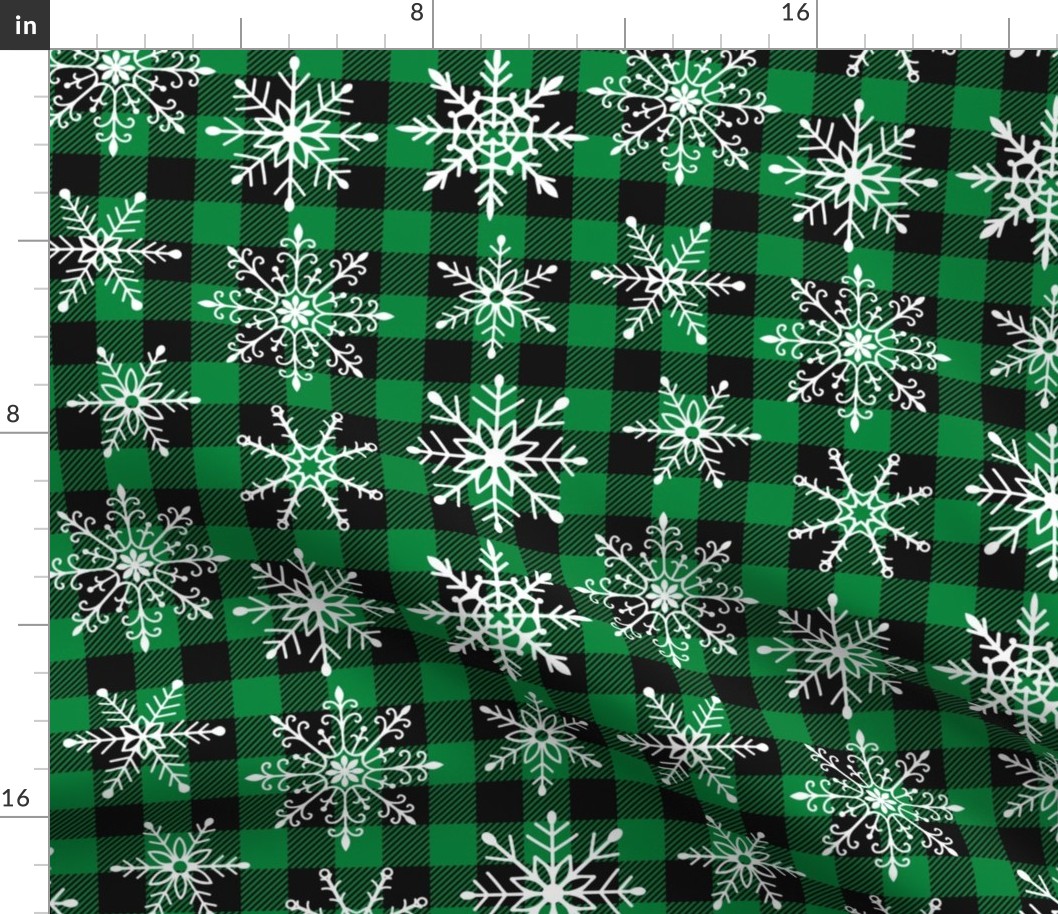 Buffalo plaid snowflakes winter christmas fabric black green WB22