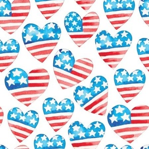 July 4th USA flag watercolor hearts patriotic independence day fabric white 