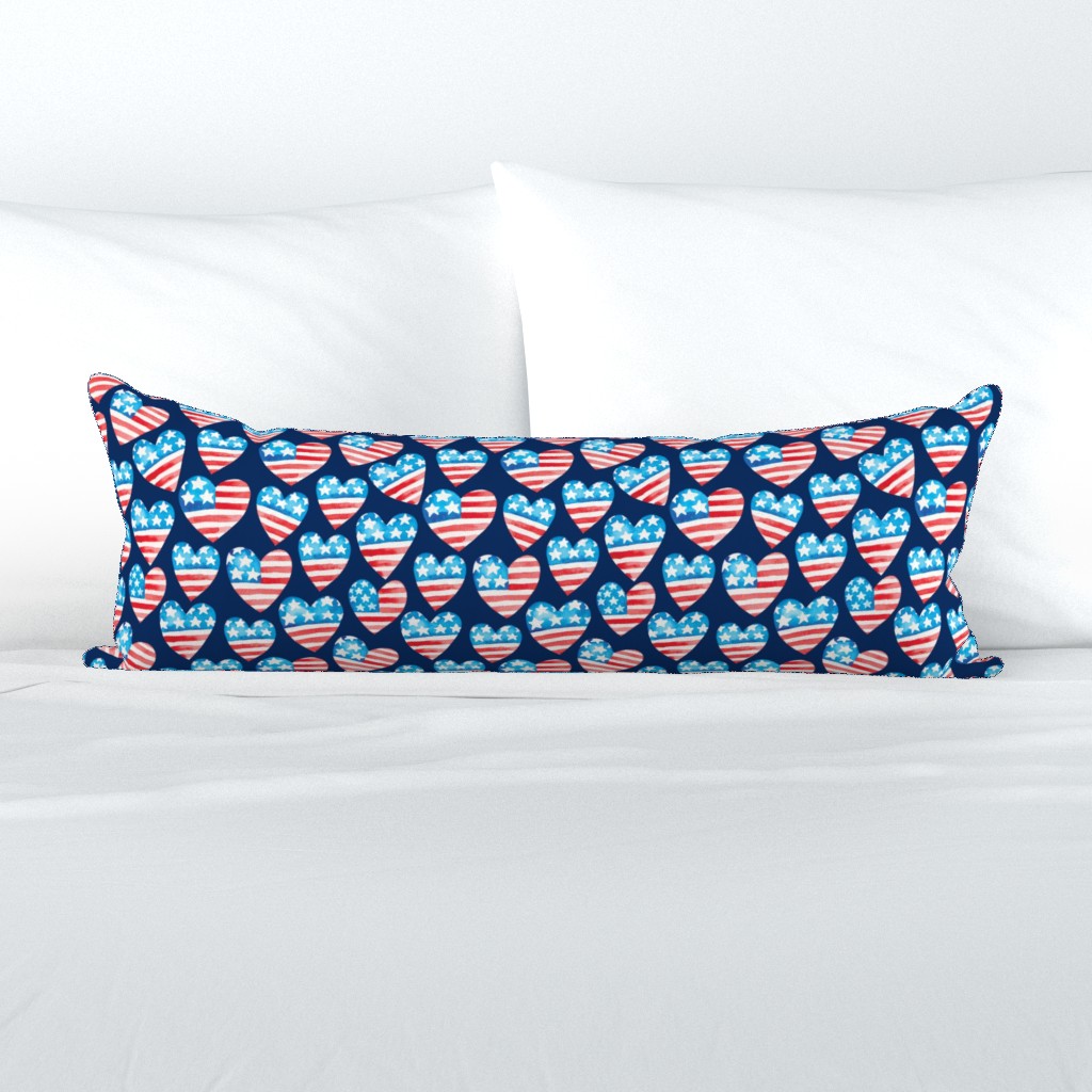 July 4th USA flag watercolor hearts patriotic independence day fabric blue