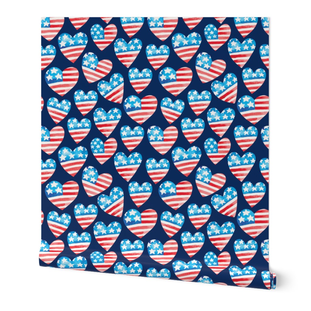 July 4th USA flag watercolor hearts patriotic independence day fabric blue