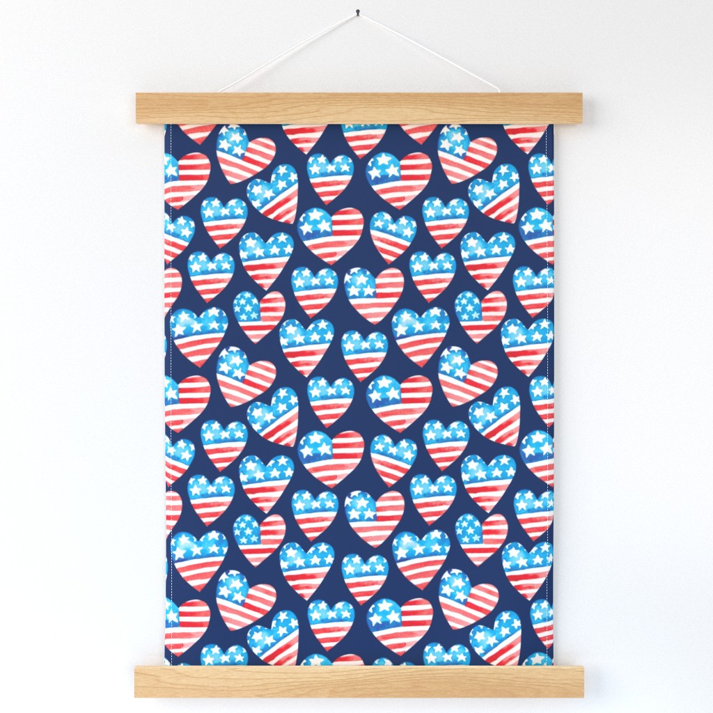 July 4th USA flag watercolor hearts patriotic independence day fabric blue