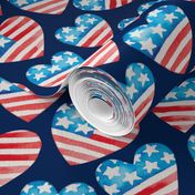 July 4th USA flag watercolor hearts patriotic independence day fabric blue