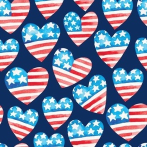 July 4th USA flag watercolor hearts patriotic independence day fabric blue