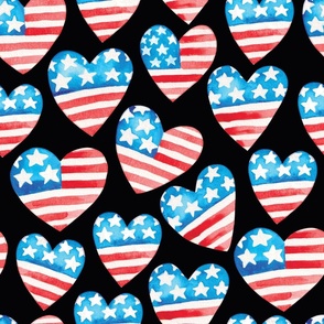 July 4th USA flag watercolor hearts patriotic independence day fabric black