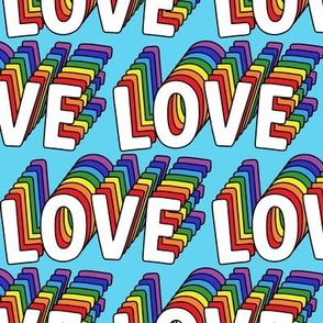 Pride Love text rainbow colors LGBTQ fabric blue