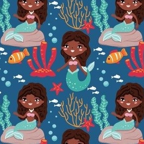 Little African American black mermaids WB22 blue