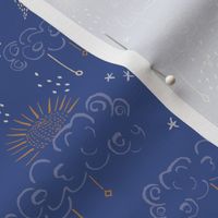 Cosmic Sun, Moon and Stars in Clouds line doodles in blue