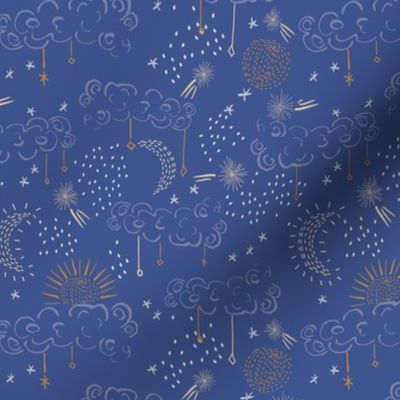 Cosmic Sun, Moon and Stars in Clouds line doodles in blue