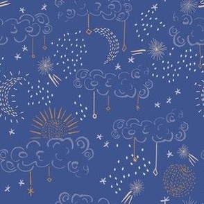Cosmic Sun, Moon and Stars in Clouds line doodles in blue