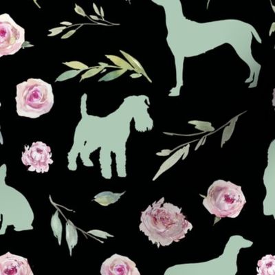 green dog pink floral black bg