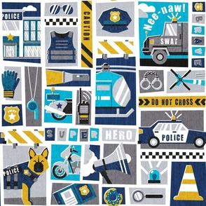 Normal scale // Police super hero // yellow grey navy blue black and white police related motifs