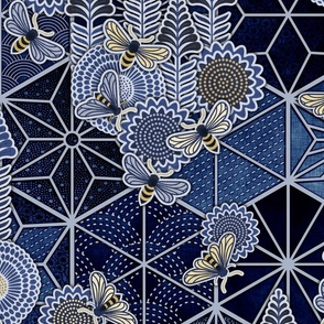Sweet Team- Indigo Sashiko Honey Bees Fabric- Beehive Large- Bee Dance- Pollinators- Japanese Inspired Honeycomb Wallpaper- Navy Blue