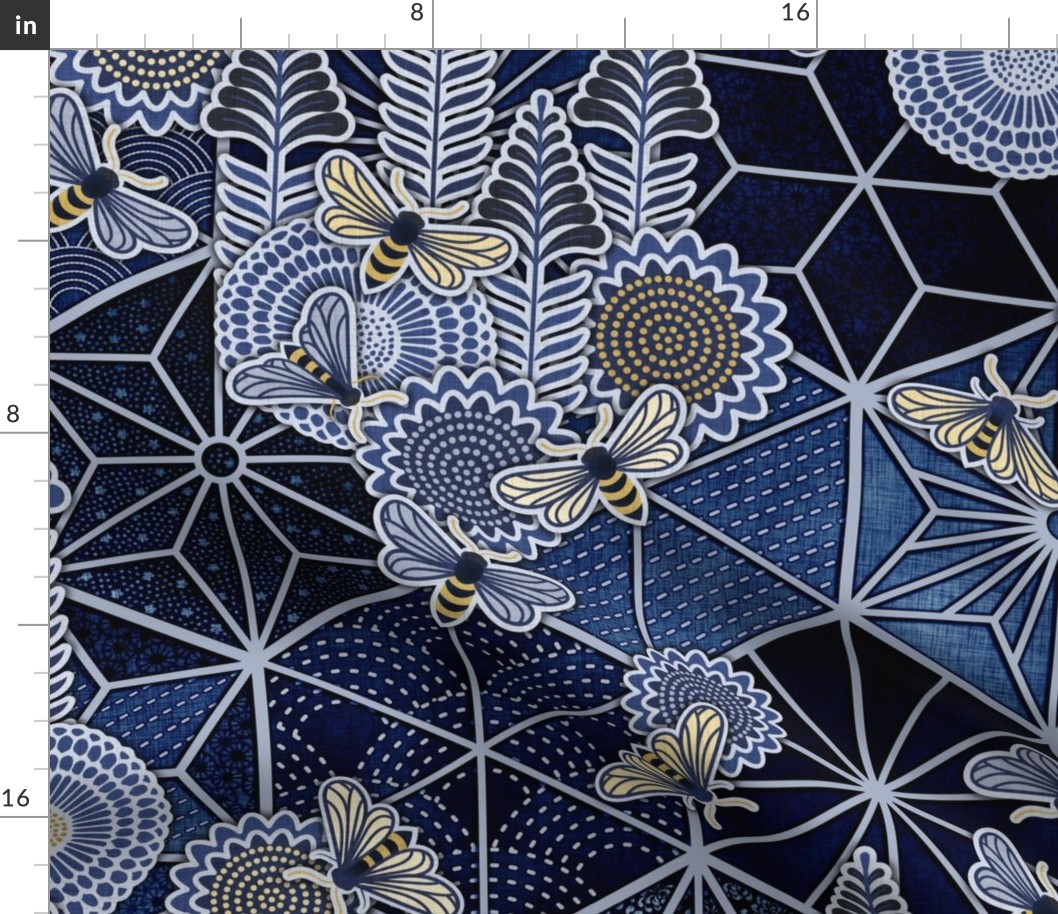 Sweet Team- Indigo Sashiko Honey Bees Fabric- Beehive Large- Bee Dance- Pollinators- Japanese Inspired Honeycomb Wallpaper- Navy Blue