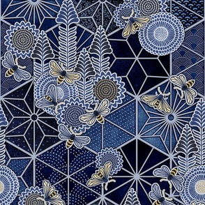 Sweet Team- Indigo Sashiko Honey Bees Fabric- Beehive Medium- Bee Dance- Pollinators- Japanese Inspired Honeycomb Wallpaper- Navy Blue