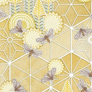 Sweet Team- Sashiko Honey Bees Fabric- Beehive Large- Bee Dance- Pollinators- Japanese Inspired Honeycomb Wallpaper- Golden Yellow- Mustard-