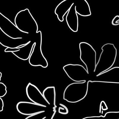 4" White on Black Tossed Naupaka Floral, Monochrome