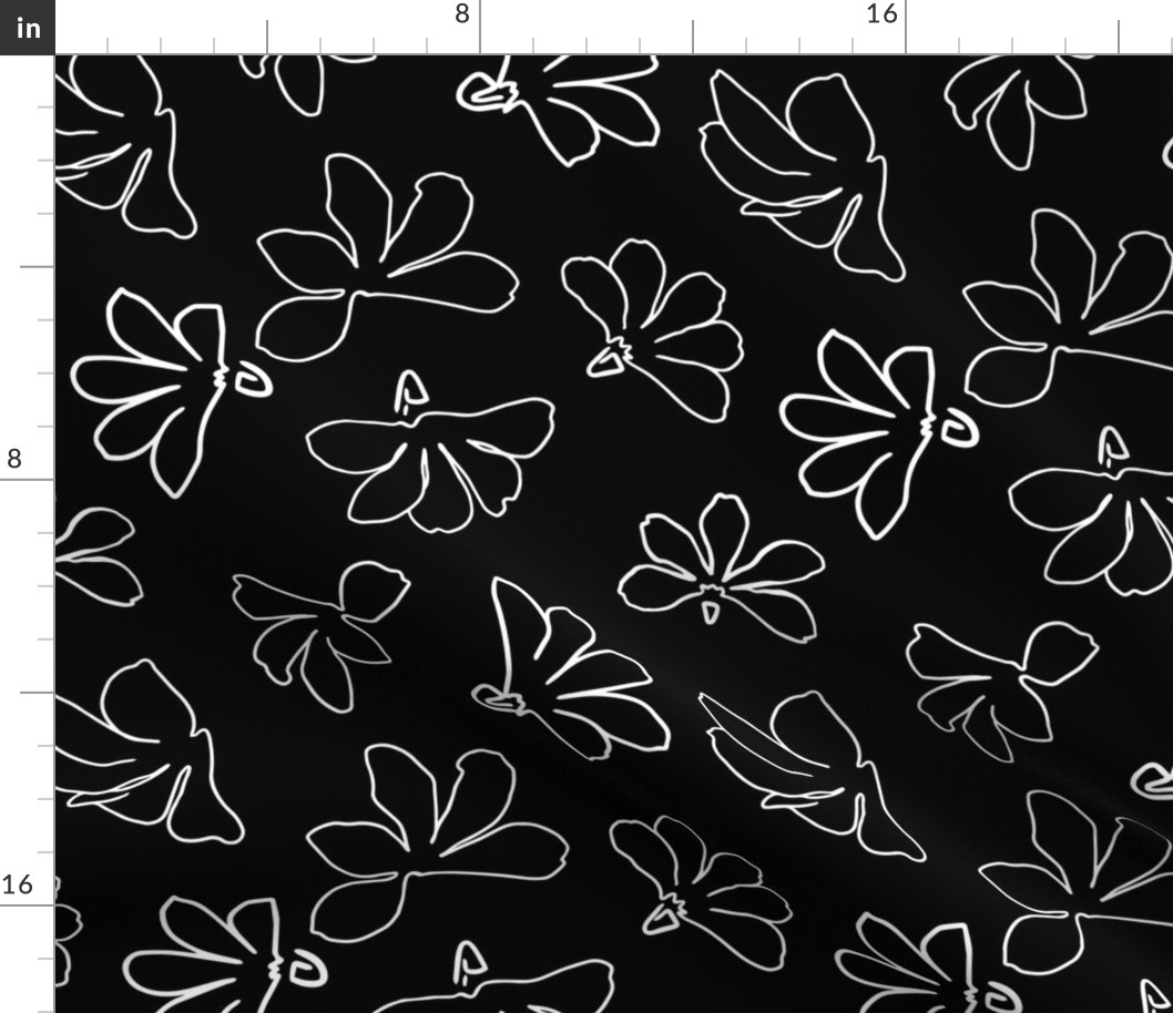 4" White on Black Tossed Naupaka Floral, Monochrome