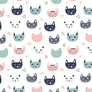 Blue pink green cats on white background