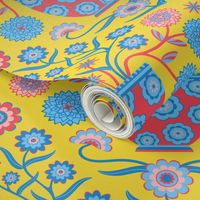 Jardiniere Floral Botanical Damask with Cottagecore Flowers in Tall Vasee - Icy Blues Red Sunshine Yellow Subtle Pink - SMALL Scale -  UnBlink Studio by Jackie Tahara