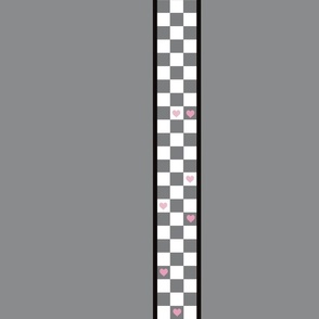 Gray checkers vertical stripe on with pink hearts