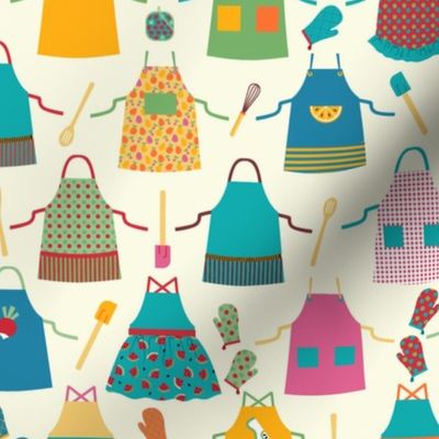 Whimsical Patterned and Appliqued Aprons, Oven Mitts, Kitchen Spatulas, Whisks and Spoons on Cream Ground