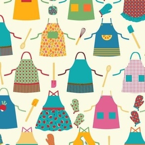 Whimsical Patterned and Appliqued Aprons, Oven Mitts, Kitchen Spatulas, Whisks and Spoons on Cream Ground