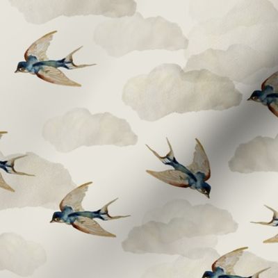 retro birds / vintage / flying swallows / clouds