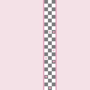 Gray checkers with pink hearts vertical stripe on pale pink background