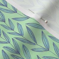 Blue and Celedon Drawn Leaves - Quilting scale