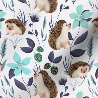 Hedgehogs with Flowers and Blackberries on Light Blue