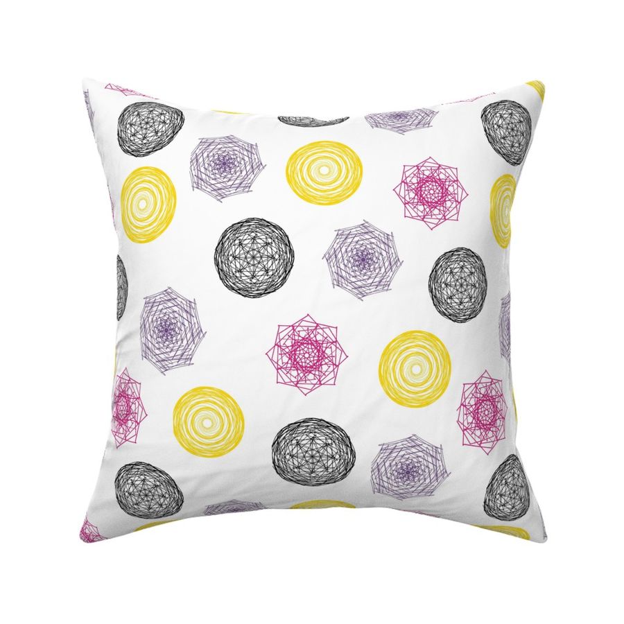 Geometric Polygon Swirls: Purple, Pink, Yellow & Black on White