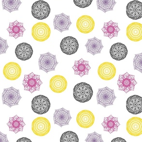 Geometric Polygon Swirls: Purple, Pink, Yellow & Black on White