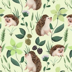 Hedgehogs with Flowers and Blackberries on Light Green