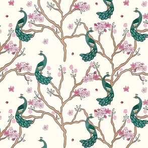 Chinoiserie Peacock and Blooms Natural