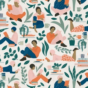Home Hobby | People who read a book and have a coffee | Plants, women and men in pink, orange, blue, mint green