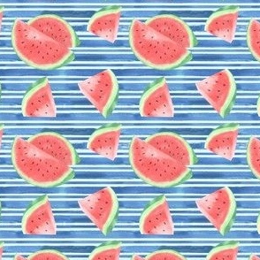 Painted Watermelon on Blue and White Stripe