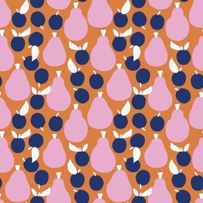 9" - PEAR & PLUM FRUIT PATTERN / WHITE, PINK, BLUE & ORANGE