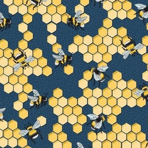 mellow yellow bumble bees and honeycomb - dark navy blue