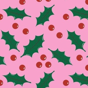 Holly Leaves and Berries on Candy Pink