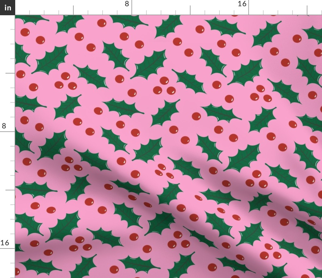 Holly Leaves and Berries on Candy Pink