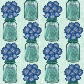 Blue Daisies in Mercury Glass Jars//teal background 