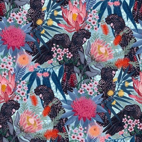 Black Cockatoos Chintz (dusty blue) large