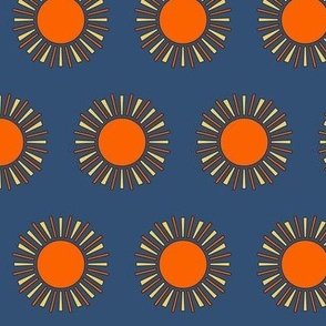 Navy blue and orange Retro style suns in half brick formation - large scale for home decor, wallpaper, table linen and apparel