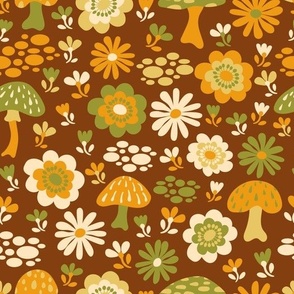 Vintage Woodland Floral + Mushrooms - Brown