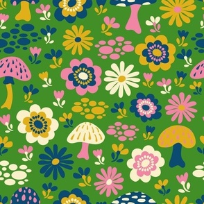 Vintage Woodland Floral + Mushrooms - Green