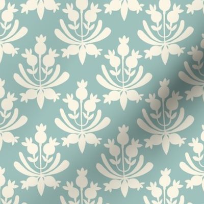 Berries and Leaves - Pratt & Lambert Wythe House Blue-Green and cream white leaf - Traditional Coastal Print - small