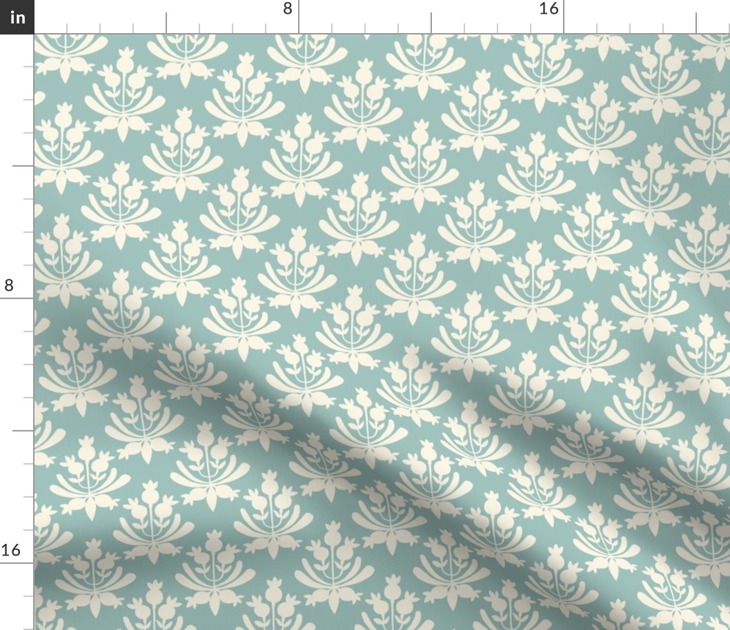 Berries and Leaves - Pratt & Lambert Wythe House Blue-Green and cream white leaf - Traditional Coastal Print - small