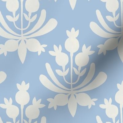 Berries and Leaves - Sky Blue and cream white leaf - Traditional Coastal Print - Medium