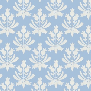 Berries and Leaves - Sky Blue and cream white leaf - Traditional Coastal Print - Medium